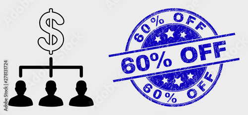 Vector stroke dollar clients structure icon and 60% Off seal stamp. Blue rounded grunge seal stamp with 60% Off caption. Black isolated dollar clients structure pictogram in line style.