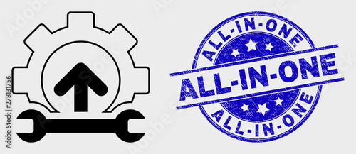 Vector line gear integration arrow icon and All-In-One seal stamp. Blue round grunge seal with All-In-One title. Black isolated gear integration arrow icon in linear style.