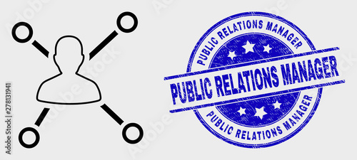 Vector linear person links icon and Public Relations Manager seal stamp. Blue round distress seal stamp with Public Relations Manager text. Black isolated person links pictogram in linear style.