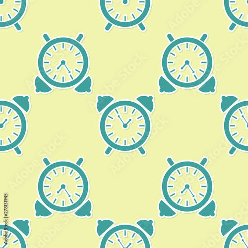 Green Alarm clock icon isolated seamless pattern on yellow background. Wake up, get up concept. Time sign. Flat design. Vector Illustration