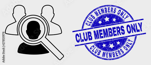 Vector outline search people icon and Club Members Only seal stamp. Blue rounded grunge seal stamp with Club Members Only text. Black isolated search people symbol in stroke style.