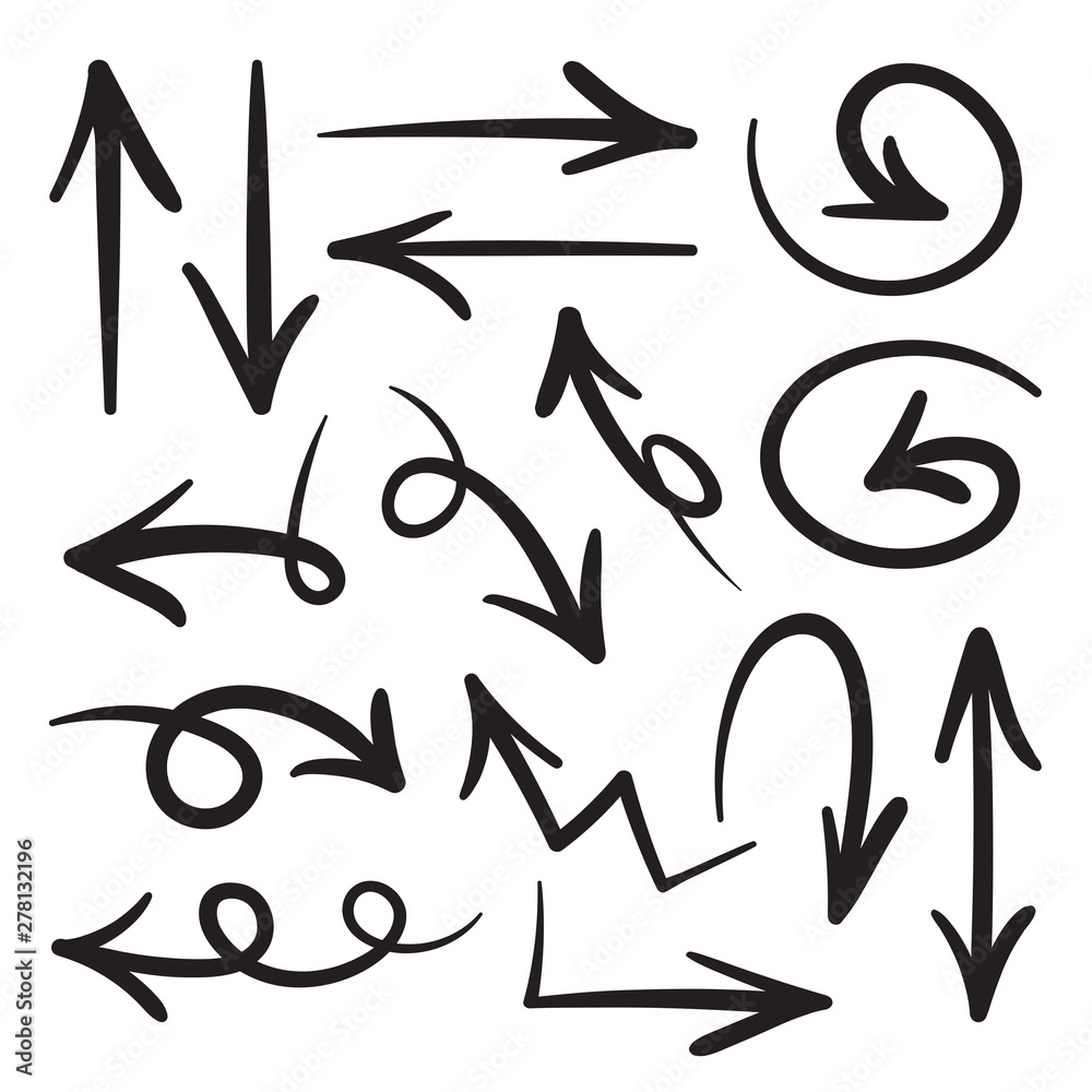Collection of hand drawn doodle style arrows in various directions and styles., Vector arrows sets isolated on white background. Collection of hand drawn doodle style arrows in various directions and styles., Vector arrows sets isolated on white background.