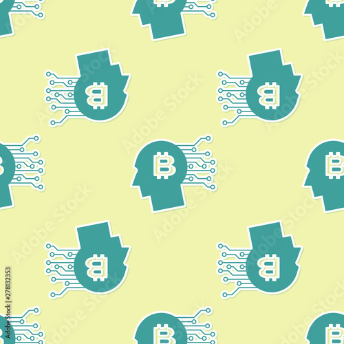 Green Bitcoin think icon isolated seamless pattern on yellow background. Cryptocurrency head. Blockchain technology, bitcoin, digital money market, cryptocoin wallet. Flat design. Vector Illustration