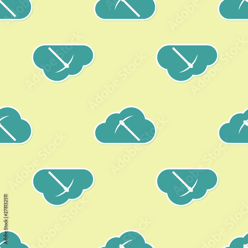 Green Cryptocurrency cloud mining icon isolated seamless pattern on yellow background. Cloud with pickaxe, bitcoin, altcoins, digital money market, cryptocoin wallet. Flat design. Vector Illustration