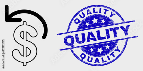 Vector linear dollar refund icon and Quality seal stamp. Blue rounded textured seal stamp with Quality phrase. Black isolated dollar refund icon in stroke style.
