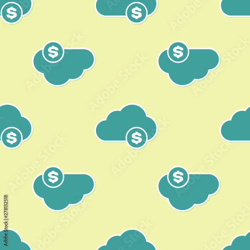 Green Cryptocurrency cloud mining icon isolated seamless pattern on yellow background. Blockchain technology, bitcoin, digital money market, cryptocoin wallet. Flat design. Vector Illustration