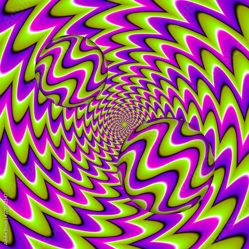 Green and purple background with moving spheres. Spin illusion.