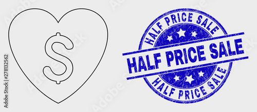Vector linear love price pictogram and Half Price Sale stamp. Blue rounded scratched seal stamp with Half Price Sale text. Black isolated love price pictogram in outline style.