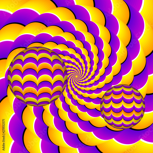Yellow and purple background with moving spheres. Spin illusion.