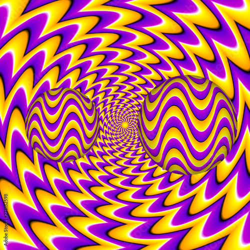 Yellow and purple background with moving spheres. Spin illusion.