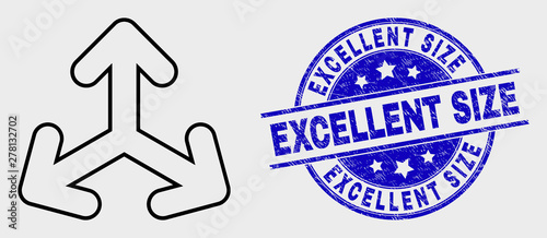 Vector outline expand arrows icon and Excellent Size watermark. Blue rounded textured stamp with Excellent Size message. Black isolated expand arrows icon in outline style.