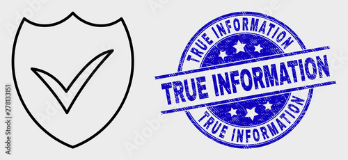 Vector stroke valid shield pictogram and True Information stamp. Blue rounded grunge seal stamp with True Information caption. Black isolated valid shield icon in line style.