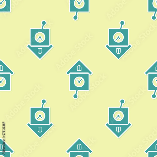Green Retro wall watch icon isolated seamless pattern on yellow background. Cuckoo clock sign. Antique pendulum clock. Vector Illustration
