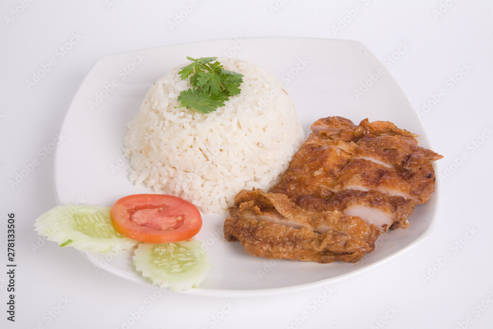 Vegetables and Grilled chicken breasts with thai jasmine rice in white dish isolated on white background. Thai style Food.