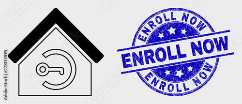 Vector contour home keyhole icon and Enroll Now stamp. Blue rounded distress seal stamp with Enroll Now message. Black isolated home keyhole icon in contour style.