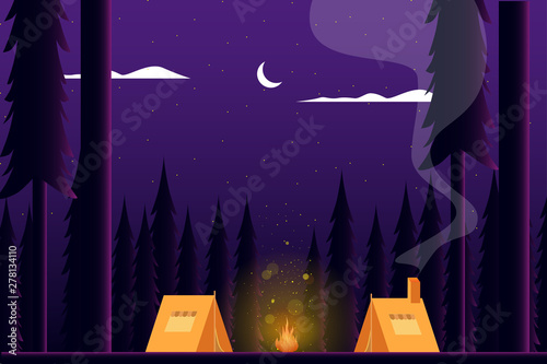 Camp fire in night forest