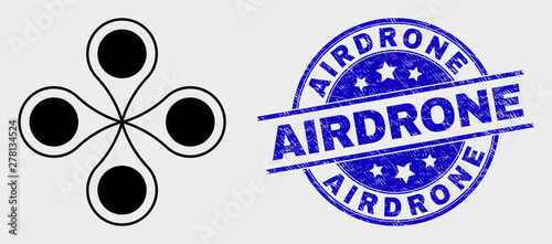 Vector linear quadrocopter icon and Airdrone seal stamp. Blue rounded textured stamp with Airdrone text. Black isolated quadrocopter icon in linear style.