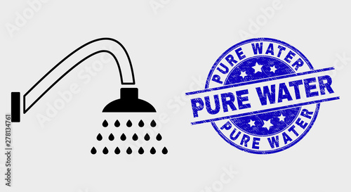 Vector outline shower pictogram and Pure Water seal stamp. Blue rounded textured seal with Pure Water text. Black isolated shower pictogram in stroke style.