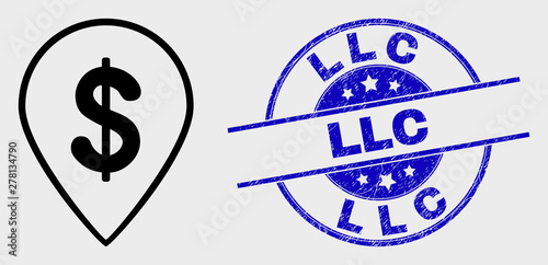 Vector outline dollar map marker pictogram and Llc stamp. Blue rounded grunge stamp with Llc text. Black isolated dollar map marker pictogram in outline style.