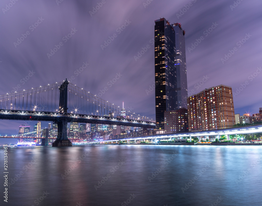 Panoramic Skyline of Brooklyn Bridge and Manhattan at Night