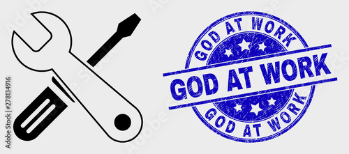 Vector stroke repair tools icon and God at Work seal stamp. Blue rounded textured seal stamp with God at Work caption. Black isolated repair tools symbol in stroke style.