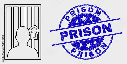 Vector outline jailed person pictogram and Prison seal stamp. Blue round textured seal stamp with Prison message. Black isolated jailed person pictogram in outline style.