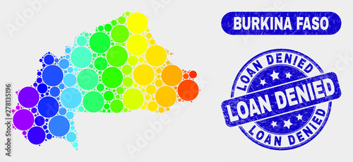 Spectral dotted Burkina Faso map and rubber prints. Blue rounded Loan Denied textured seal stamp. Gradiented spectral Burkina Faso map mosaic of scattered round elements.