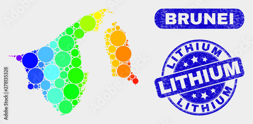 Spectral dotted Brunei map and stamps. Blue round Lithium textured seal. Gradient spectral Brunei map mosaic of random small spheres. Lithium seal with grunge texture.