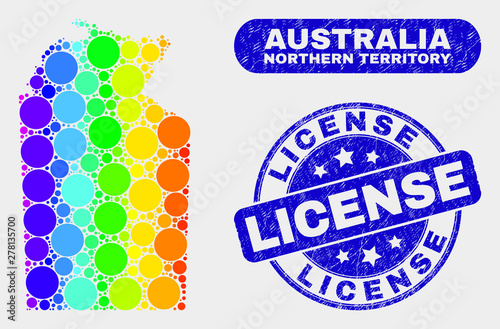 Rainbow colored dot Australian Northern Territory map and seals. Blue round License grunge seal stamp. Gradient spectral Australian Northern Territory map mosaic of randomized small circles.