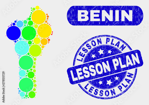 Spectral dotted Benin map and seal stamps. Blue rounded Lesson Plan distress seal. Gradiented spectral Benin map mosaic of randomized round spots. Lesson Plan imprint with distress surface.