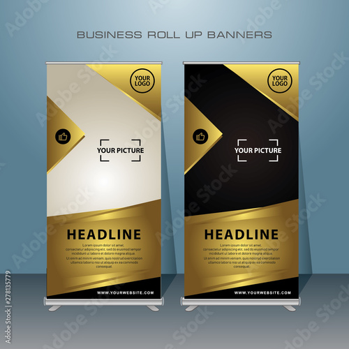 Gold Modern Roll Up Banner. Golden Color standing banner template design for Advertising.