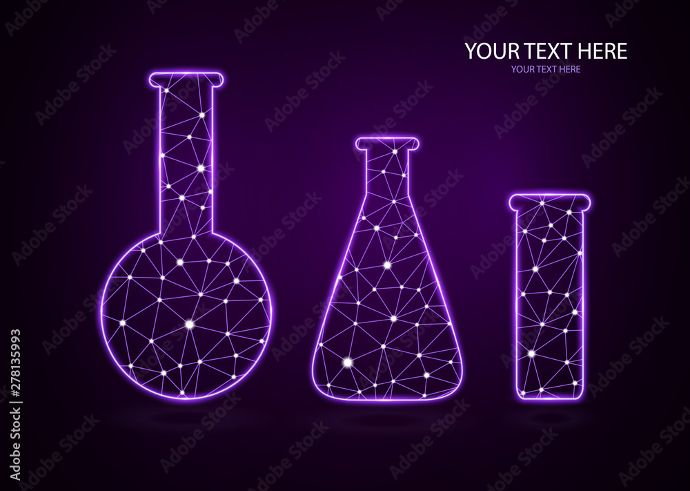 Abstract polygonal luminous chemical flasks isolated from a polygon frame on a dark background. Low poly design for science and analysis, research. Abstract polygonal luminous chemical flasks isolated from a polygon frame on a dark background. Low poly design for science and analysis, research.