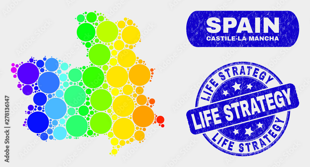 Spectrum dot Castile-La Mancha Province map and stamps. Blue round Life Strategy scratched stamp. Gradient spectral Castile-La Mancha Province map mosaic of scattered round elements.