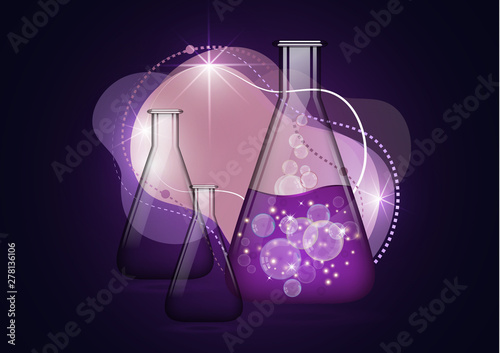 Abstract isolated glass bulb background with liquid, bubbles and empty glass bulb. Chemical and biological experiments.