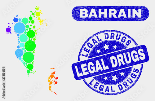 Spectral dot Bahrain map and seal stamps. Blue round Legal Drugs grunge seal. Gradiented spectral Bahrain map mosaic of randomized round elements. Legal Drugs seal with distress texture.