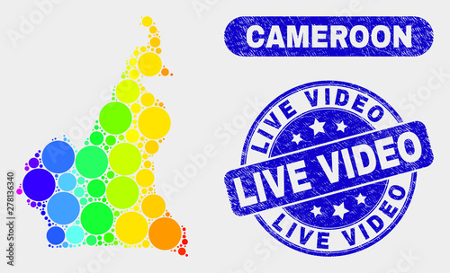 Spectral spotted Cameroon map and seal stamps. Blue round Live Video grunge watermark. Gradiented spectral Cameroon map mosaic of random circle elements. Live Video seal with grunge texture.