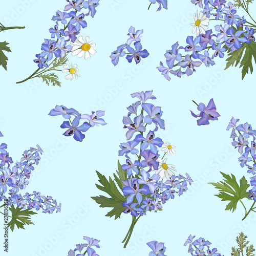 Seamless pattern with flowers of delphinium and daisies on a blue background.Vector