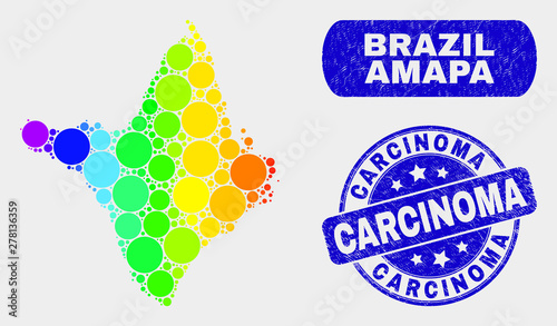 Rainbow colored spotted Amapa state map and seal stamps. Blue round Carcinoma grunge seal. Gradient spectral Amapa state map mosaic of scattered round elements. Carcinoma seal with scratched surface.