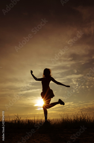Silhouette of a girl in a dress on the background of the sunset sky and the sun, below - the grass. She is dancing. The concept of freedom, happiness.