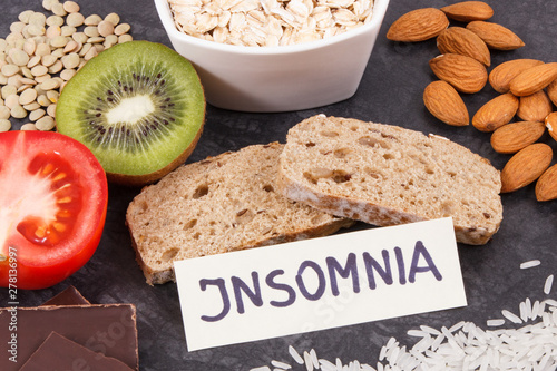 Inscription insomnia with food containing melatonin and tryptophan. Best eating for problems with sleep photo