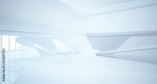 Abstract white minimalistic architectural interior with window. 3D illustration and rendering.