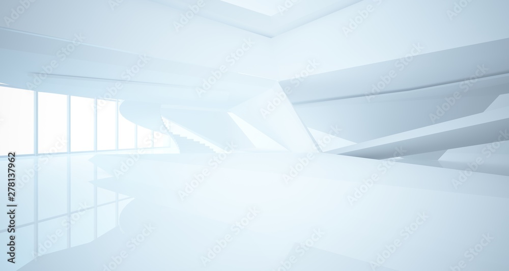 Fototapeta premium Abstract white minimalistic architectural interior with window. 3D illustration and rendering.