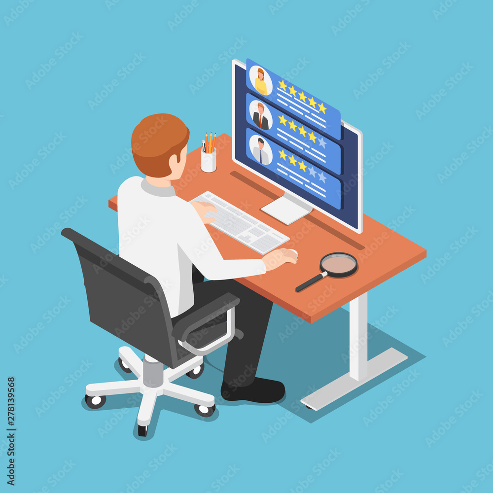Isometric businessman find freelancer specialist on his computer