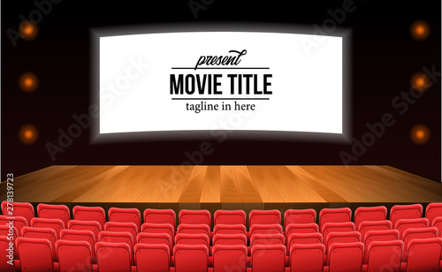 empty red seats at the theater movie with stage wood floor advertise mock up