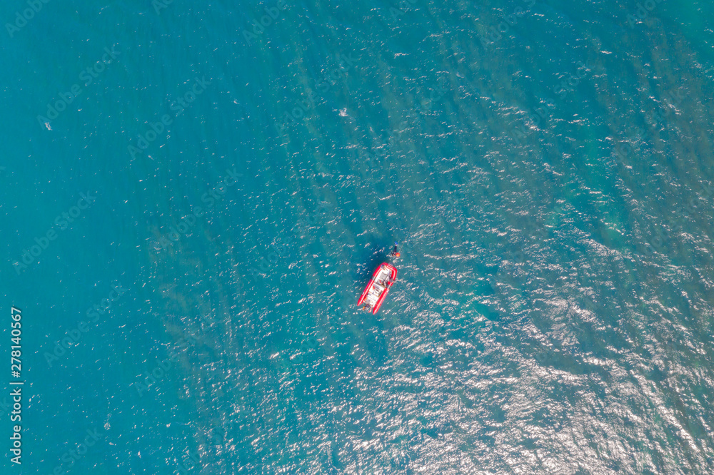 Aerial High Angle View Of Boat In Deep Sea Water, Black Sea, Geledzhik, Russia