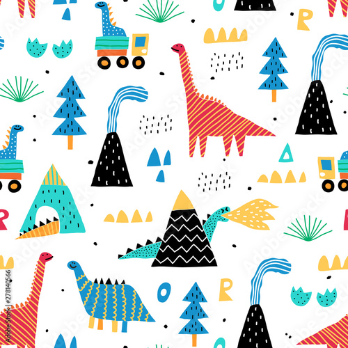Childish seamless pattern with mountain, volcano, dinosaurs and tropical plants. Vector texture in childish style great for fabric and textile, wallpapers, backgrounds. Scandinavian style.