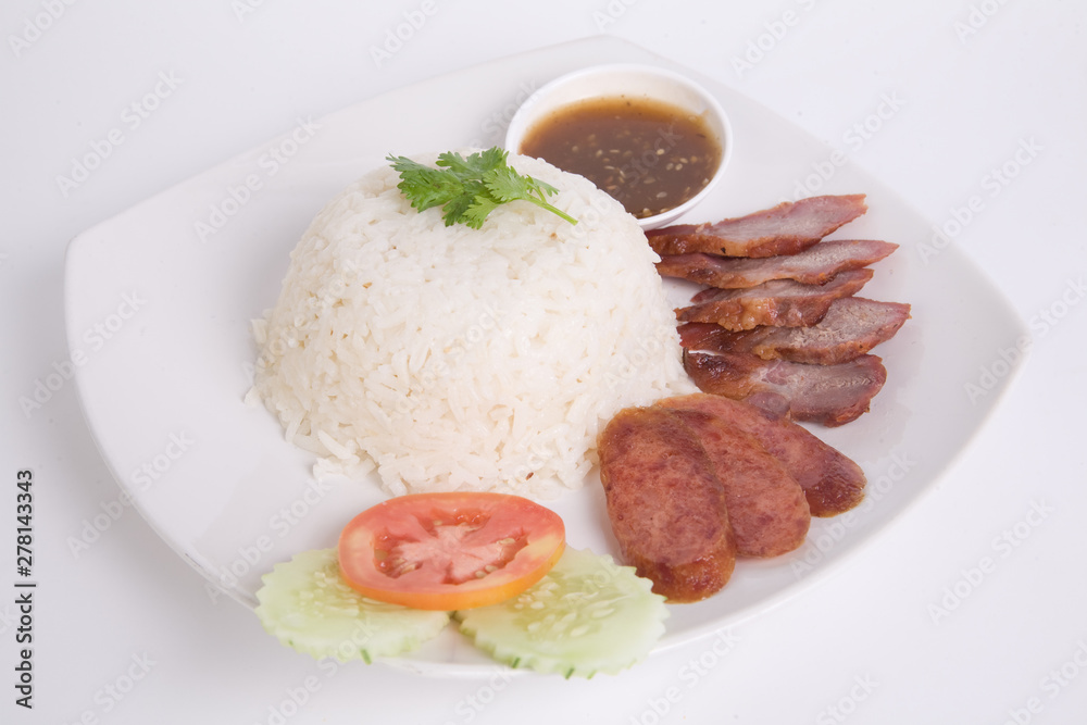 Barbecued red pork in sauce with rice Barbecued red pork in sauce with rice