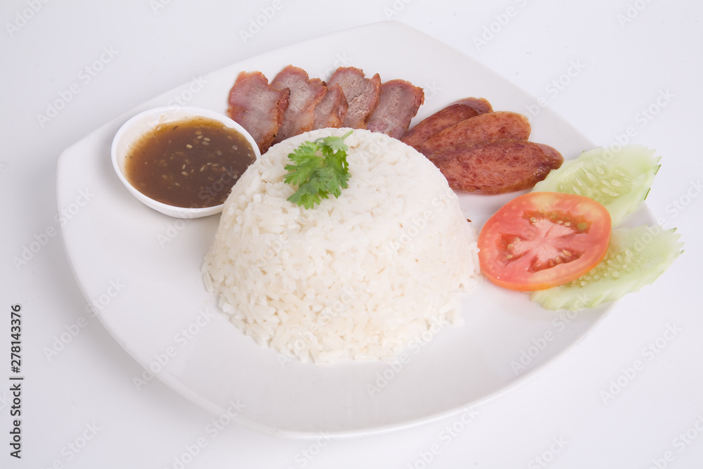Barbecued red pork in sauce with rice Barbecued red pork in sauce with rice