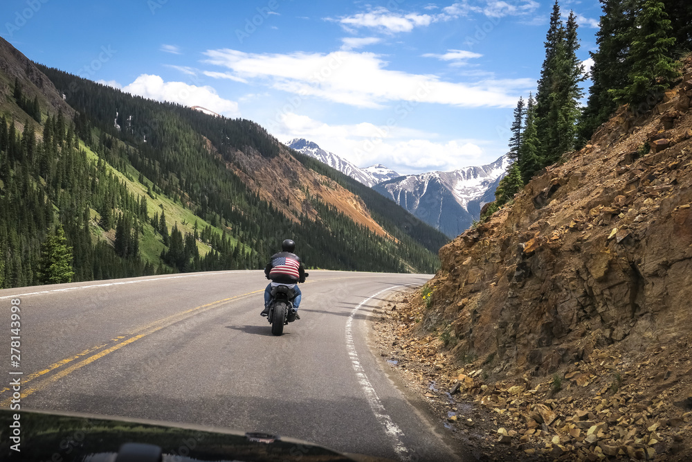 Motorcyclist in American Flag leather jacket - Ouray, Colorado