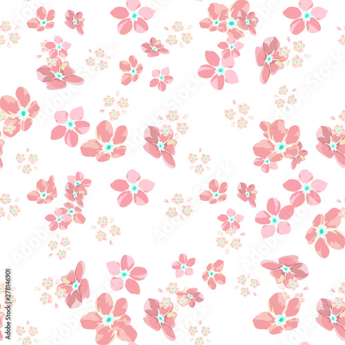 gentle little flowers and petals flying aside the botanical pattern of small colored wildflowers